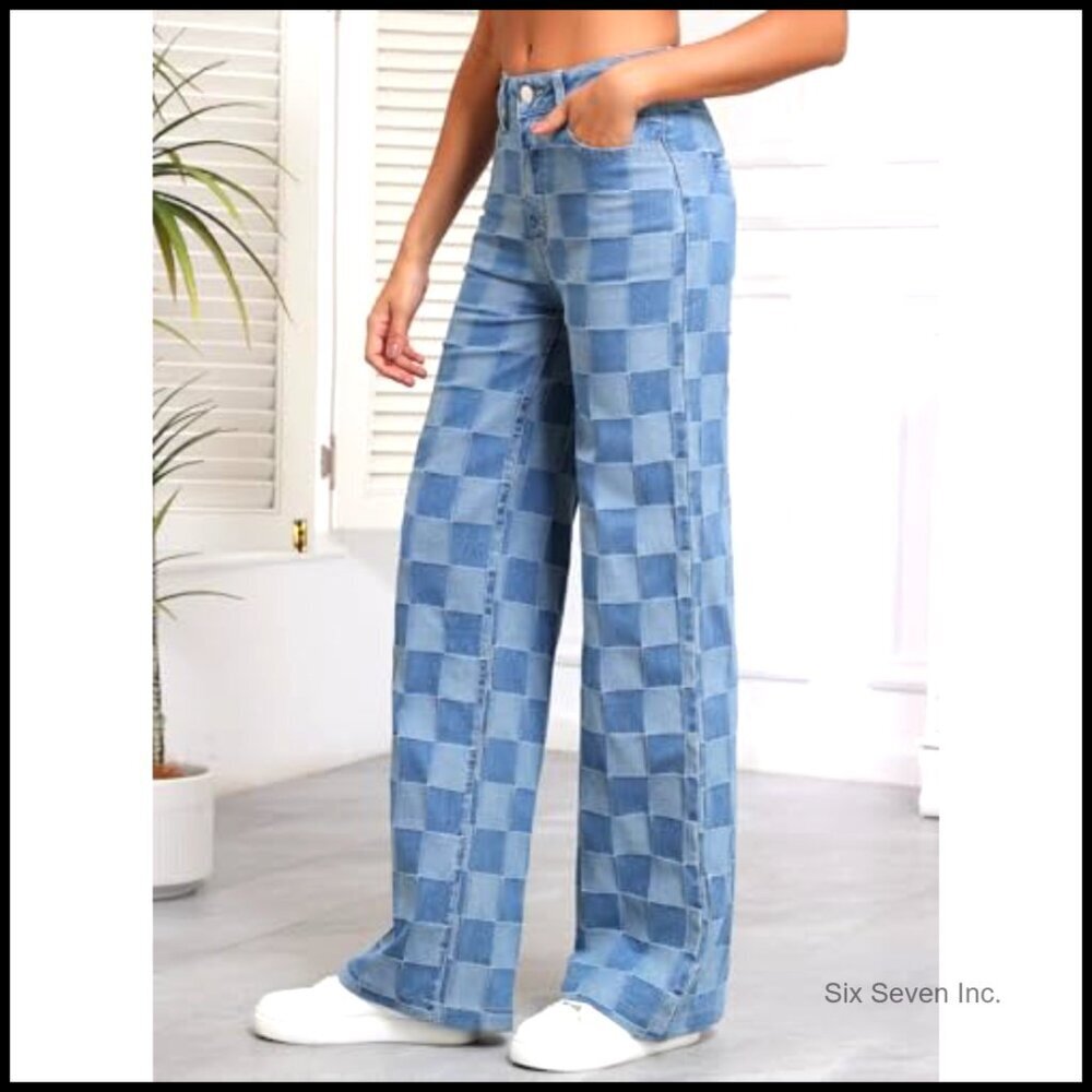 Wide Leg Jeans High Waisted Stretchy Straight Leg Checkered Loose Denim Pants - Picture 5 of 7